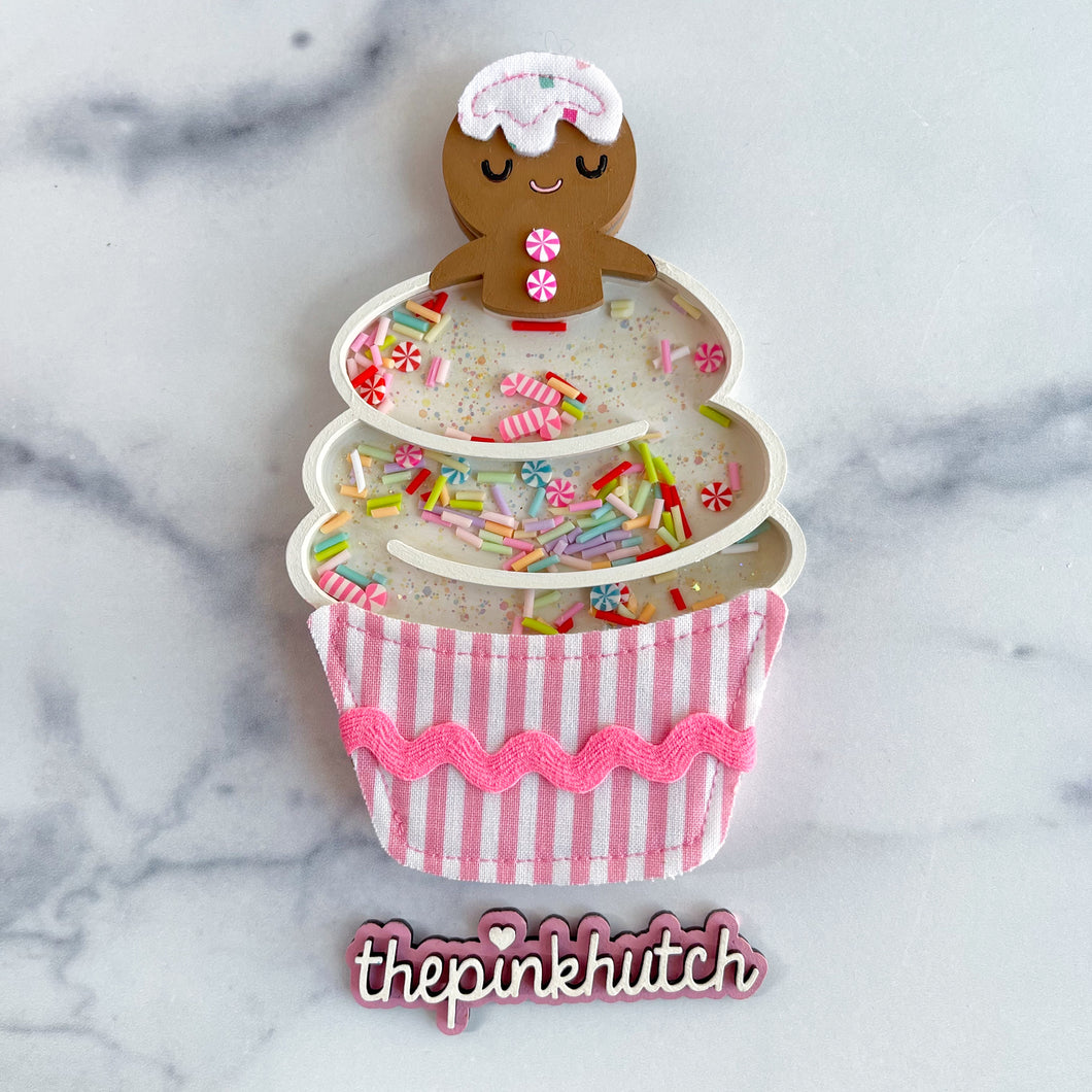 Gingerbread Cupcake Shaker - Pink Stripe